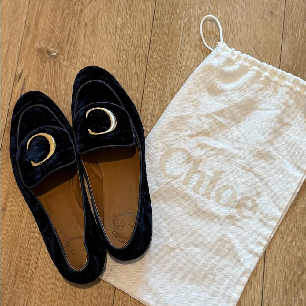 Chloé Navy and Gold Crushed Velvet Convertible Loafers